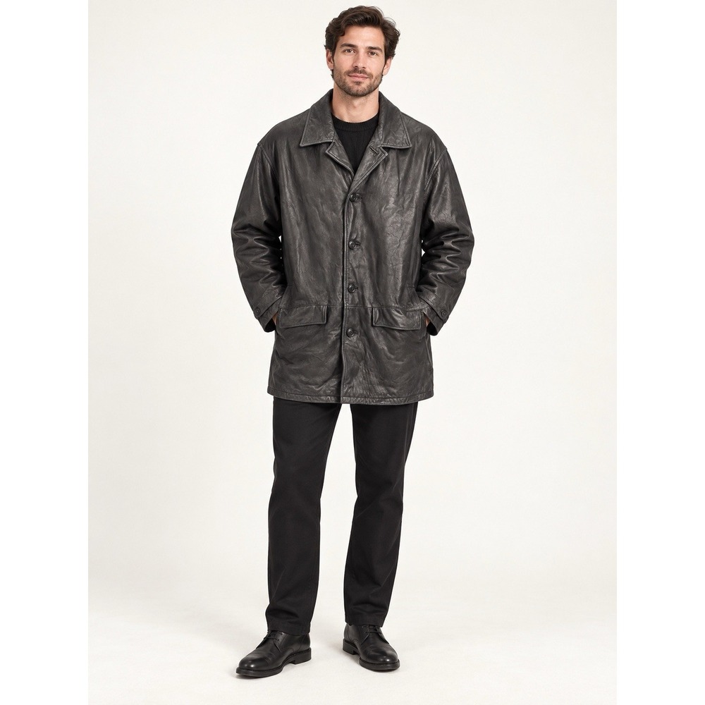 Vintage Roundtree & Yorke Men's Black Lambskin Leather Car Coat Y2K